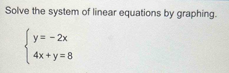 Solve the system of linear equations by graphing.
beginarrayl y=-2x 4x+y=8endarray.