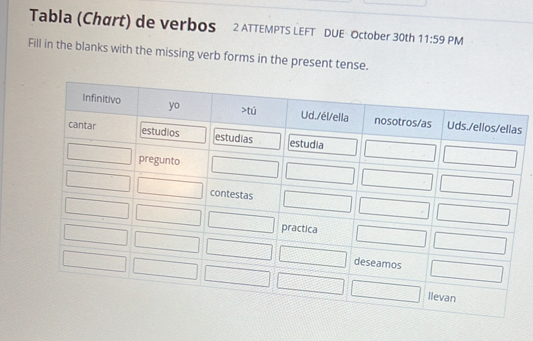 Tabla (Chart) de verbos 2 ATTEMPTS LEFT DUE October 30th 11:59 PM
Fill in the blanks with the missing verb forms in the present tense.
s