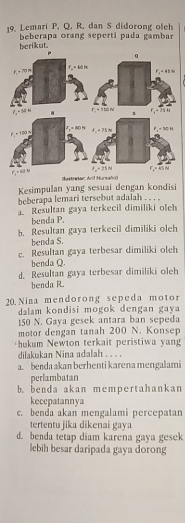 Lemari P, Q, R, dan S didorong oleh
beberapa orang seperti pada gambar
berikut.
Kesimpulan yang sesuai dengan kondisi
beberapa lemari tersebut adalah . . . .
a. Resultan gaya terkecil dimiliki oleh
benda P.
b. Resultan gaya terkecil dimiliki oleh
benda S.
c. Resultan gaya terbesar dimiliki oleh
benda Q.
d. Resultan gaya terbesar dimiliki oleh
benda R
20. Nina mendorong sepeda motor
dalam kondisi mogok dengan gaya
150 N. Gaya gesek antara ban sepeda
motor dengan tanah 200 N. Konsep
*hukum Newton terkait peristiwa yang
dilakukan Nina adalah . . . .
a. benda akan berhenti karena mengalami
perlambatan
b. benda akan mempertahankan
kecepatannya
c. benda akan mengalami percepatan
tertentu jika dikenai gaya
d. benda tetap diam karena gaya gesek
lebih besar daripada gaya dorong