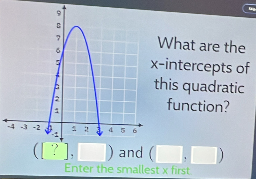 Skip
What are the
-intercepts of
his quadratic
function?
and (□ ,□ )
Enter the smallest x first.