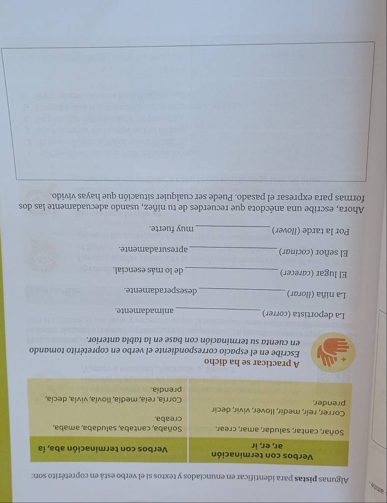 ante 
Algunas pistas para identificar en enunciados y textos si el verbo está en copretérito son: 
A practicar se ha dicho 
Escribe en el espacio correspondiente el verbo en copretérito tomando 
en cuenta su terminación con base en la tabla anterior. 
La deportista (correr) _animadamente. 
La niña (llorar) _desesperadamente. 
El lugar (carecer) _de lo más esencial. 
El señor (cocinar)_ apresuradamente. 
Por la tarde (llover) _muy fuerte. 
Ahora, escribe una anécdota que recuerdes de tu niñez, usando adecuadamente las dos 
formas para expresar el pasado. Puede ser cualquier situación que hayas vivido.