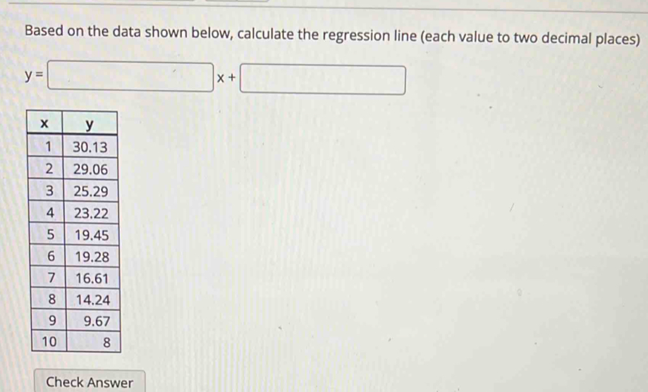 Based on the data shown below, calculate the regression line (each value to two decimal places)
y=□ x+□
Check Answer