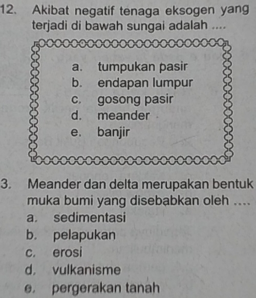 Akibat negatif tenaga eksogen yang
terjadi di bawah sungai adalah ....
a. tumpukan pasir
b. endapan lumpur
c. gosong pasir
d. meander
e. banjir
3. Meander dan delta merupakan bentuk
muka bumi yang disebabkan oleh ....
a sedimentasi
b. pelapukan
c. erosi
d， vulkanisme
e pergerakan tanah