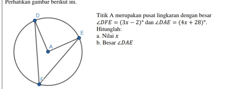 Perhatikan gambar berikut ini. 
Titik A merupakan pusat lingkaran dengan besar
∠ DFE=(3x-2)^circ  dan ∠ DAE=(4x+28)^circ . 
Hitunglah: 
a. Nilai x
b. Besar ∠ DAE