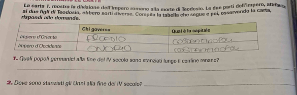 La carta 1, mostra la divisione dell'impero romano alla morte di Teodosio. Le due parti dell'impero, attribut 
ai due figli di Teodosio, ebbero sorti diverse. Compila la tabella che segue e poi, osservando la carta, 
rispondi alle domande. 
1. Quali popoli germanici alla fine del IV secolo sono stanziati lungo il confine renano? 
_ 
2. Dove sono stanziati gli Unni alla fine del IV secolo?_