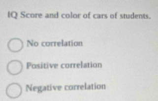 IQ Score and color of cars of students.
No correlation
Positive correlation
Negative correlation