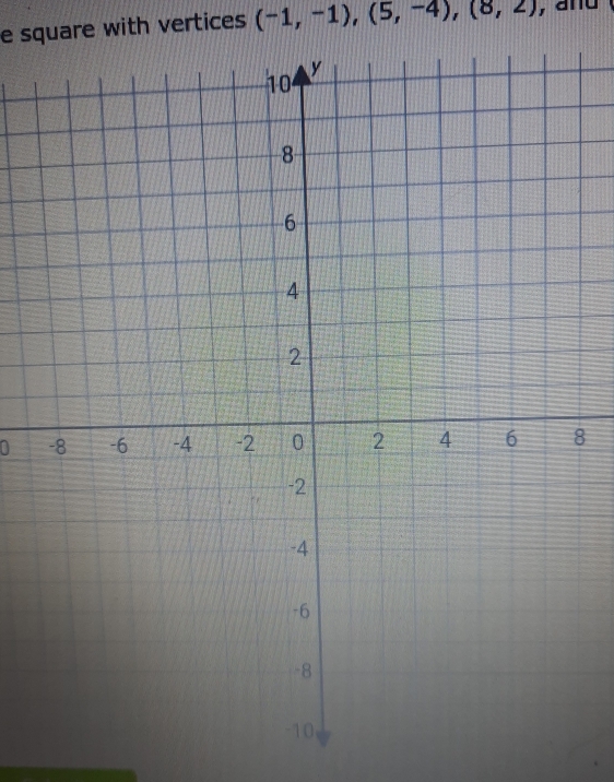 square with vertices (-1,-1), (5,-4), (8,2)
0 8