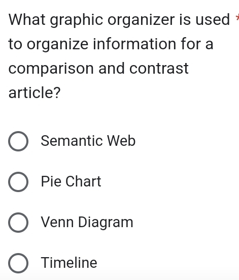 What graphic organizer is used 
to organize information for a
comparison and contrast
article?
Semantic Web
Pie Chart
Venn Diagram
Timeline