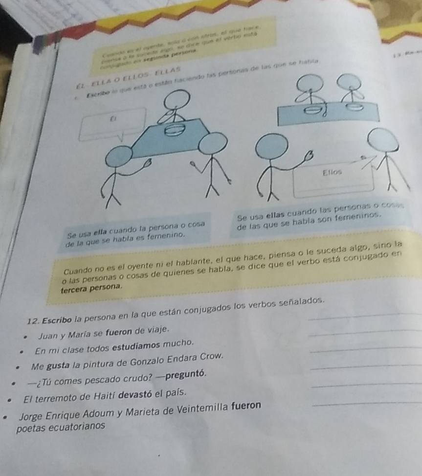 Cuando ey el opente, sola a con stras, al que hace 
ciensa a ls suceita ago, se dice que el vertio esta 
Comiiado eo segicnda persóría 
la o ellos- ellas 
án fiaciendo las personas de las que se habta 
Ellos 
Se usa ella cuando la persona o cosa Se usa ellas cuando las personas o coses 
de la que se habla es femenino. de las que se habla son femeninos. 
Cuando no es el oyente ni el hablante, el que hace, piensa o le suceda algo, sino la 
o las personas o cosas de quienes se habla, se dice que el verbo está conjugado en 
tercera persona. 
12. Escribo la persona en la que están conjugados los verbos señalados. 
Juan y María se fueron de viaje. 
_ 
_ 
En mi clase todos estudiamos mucho. 
Me gusta la pintura de Gonzalo Endara Crow._ 
_ 
—¿Tú comes pescado crudo? —preguntó. 
El terremoto de Haití devastó el país. 
Jorge Enrique Adoum y Marieta de Veintemilla fueron 
_ 
poetas ecuatorianos