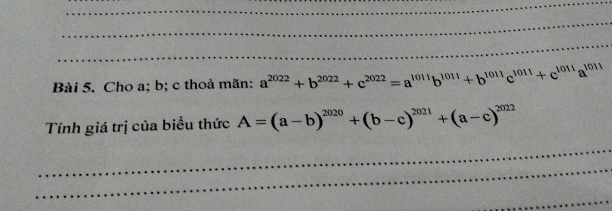 Cho a; b; c thoả mãn: a^(2022)+b^(2022)+c^(2022)=a^(1011)b^(1011)+b^(1011)c^(1011)+c^(1011)a^(1011)
Tính giá trị của biểu thức A=(a-b)^2020+(b-c)^2021+(a-c)^2022
_
_
_