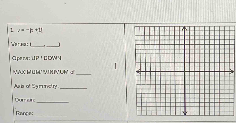 y=-|x+1|
Vertex: (_ _J 
Opens: UP / DOWN 
MAXIMUM/ MINIMUM of_ 
Axis of Symmetry:_ 
_ 
Domain: 
Range:_