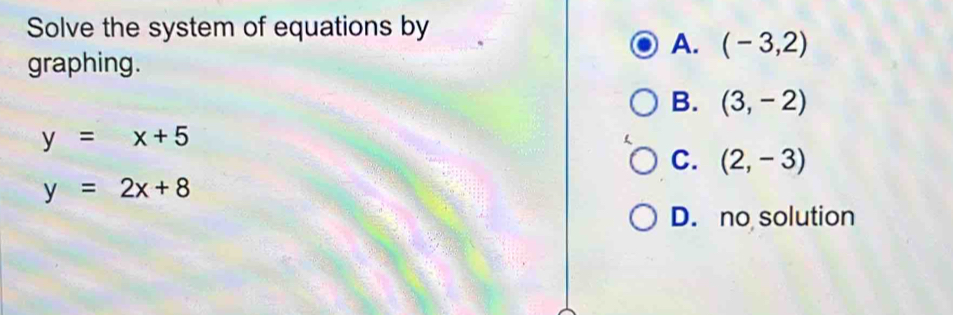 Solve the system of equations by
A. (-3,2)
graphing.
B. (3,-2)
y=x+5
C. (2,-3)
y=2x+8
D. no solution