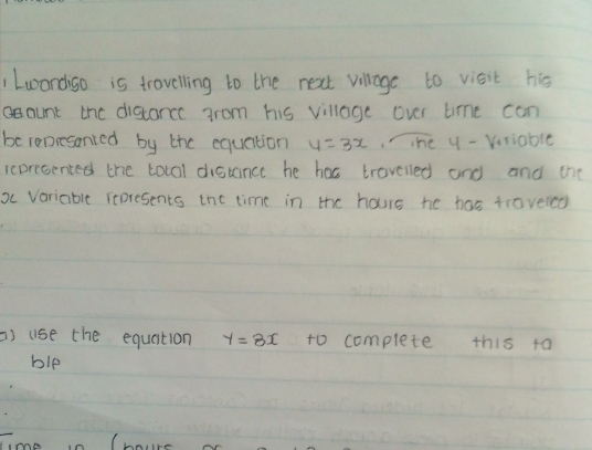 Lwandigo is trovelling to the next village to visit his 
aaunt the discarce aram his village over time can 
be ropesanted by the equation 4=3x he y - wriable 
icpresented the tolal distance he has travelled and and the 
xc Variablc represents the time in the hours he has trovered 
) use the equation y=8x to complete this ta 
ble 
Tme