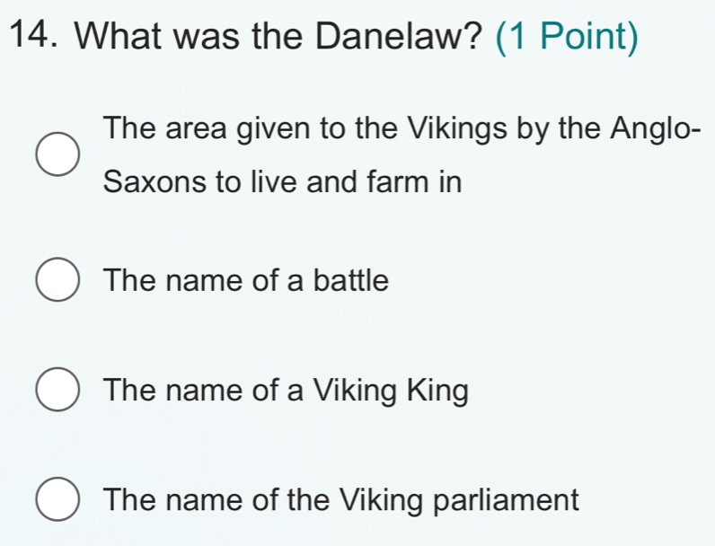 What was the Danelaw? (1 Point)
The area given to the Vikings by the Anglo-
Saxons to live and farm in
The name of a battle
The name of a Viking King
The name of the Viking parliament