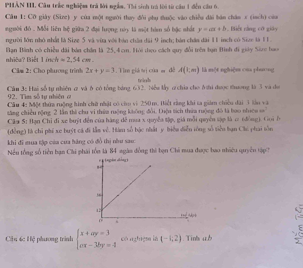 PHÀN III. Câu trắc nghiệm trả lời ngắn. Thí sinh trá lời từ câu 1 đến cầu 6.
Câu 1: Cỡ giày (Size) y của một người thay đôi phụ thuộc vào chiều dài bản chân x (inch) của
người đó . Mối liên hệ giữa 2 đại lượng này là một hàm số bậc nhất y=ax+b. Biết rằng cơ giảy
người lớn nhỏ nhất là Size 5 và vừa với bản chân dài 9 inch; bản chân dài 11 inch có Size là 11.
Bạn Bình có chiều dài bàn chân là 25,4cm. Hồi theo cách quy đổi trên bạn Bình đi giảy Size bao
nhiêu? Biết 1 inch approx 2,54cm.
* Câu 2: Cho phương trình 2x+y=3. Tìm giá trị của m đề A(1;m) là một nghiệm của phương
trình
Câu 3: Hai số tự nhiên a và 6 có tổng bằng 632. Nếu lấy áchia cho 6 thì được thương là 3 và dư
92. Tìm số tự nhiên a
Câu 4: Một thửa ruộng hình chữ nhật có chu vi 250m. Biết rằng khi ta giảm chiều đài 3 lần và
tăng chiều rộng 2 lần thì chu vi thửa ruộng không đổi. Diện tích thửa ruộng đó là bao nhiều m^2
Câu 5: Bạn Chỉ đi xe buýt dến cửa hàng để mua x quyển tập, giá mỗi quyển tập là a (đồng). Gọi b
(đồng) là chi phí xe buýt cả đi lẫn về. Hàm số bậc nhất y biểu diễn tông số tiền bạn Chi phái tổn
khi đi mua tập của cửa hàng có đồ thị như sau:
Nếu tổng số tiền bạn Chi phải tốn là 84 ngàn đồng thì bạn Chi mua được bao nhiêu quyền tập?
 
*  Cân 6: Hệ phương trình beginarrayl x+ay=3 ax-3by=4endarray. có nghiệm là (-1;2). Tinh a.b