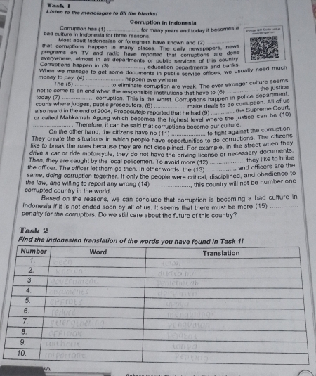 Tas k   
Listen to the monologue to fill the blanks!
Corruption has (1) Corruption in Indonesia
bad culture in Indonesia for three reasons for many years and today it becomes a   oge n Co    
Most aduit indonesian or foreigners have known and (2)_
that conuptions happen in many places. The daily newspapers, news
programs on TV and radio have reported that corruptions are done
Corruptions happen in (3) everywhere, almost in all departments or public services of this country
, education departments and banks .
money to pay. (4) When we manage to get some documents in public service offices, we usually need much
happen everywhere
The (5) ...  to eliminate corruption are weak. The ever stronger culture seems
.. the justice
not to come to an end when the responsible institutions that have to (6)_
today (7)
courts where judges, public prosecutors. (8) , corruption. This is the worst. Corruptions happen in police department.
make deals to do corruption. All of us
also heard in the end of 2004, Probosutejo reported that he had (9)_
the Supreme Court,
or called Mahkamah Agung which becomes the highest level where the justice can be (10)
_. Therefore, it can be said that corruptions become our culture.
On the other hand, the citizens have no (11) to fight against the corruption.
They create the situations in which people have opportunities to do corruptions. The citizens
like to break the rules because they are not disciplined. For example. In the street when they
drive a car or ride motorcycle, they do not have the driving license or necessary documents
they like to bribe
Then, they are caught by the local policemen. To avoid more (12)_
the officer. The officer let them go then. In other words, the (13)
same, doing corruption together. If only the people were critical, disciplined, and obedience to  and officers are the
the law, and willing to report any wrong (14) _, this country will not be number one 
corrupted country in the world.
Based on the reasons, we can conclude that corruption is becoming a bad culture in
Indonesia if it is not ended soon by all of us. It seems that there must be more (15)_
penalty for the corruptors. Do we still care about the future of this country?
Task 2
Find the Indonesian translation of the words you have found in Task 1!
'