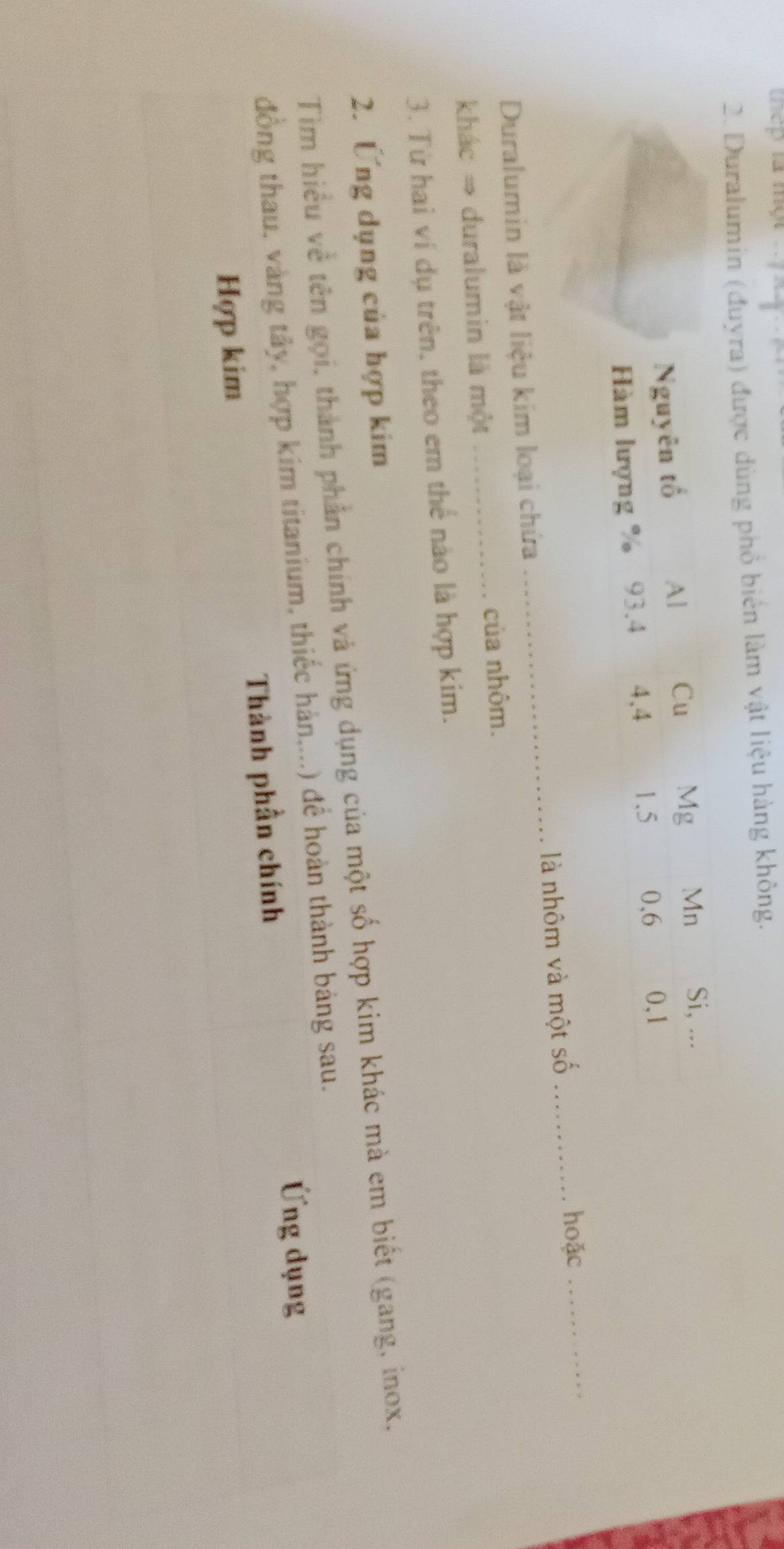 thep la một . 
2. Duralumin (đuyra) được dùng phố biển làm vật liệu hàng không. 
Duralumin là vật liệu kim loại chứa _là nhôm và một số_ 
hoặc_ 
khác → duralumin là một_ của nhôm. 
3. Từ hai ví dụ trên, theo em thể nào là hợp kim. 
2. Ứng dụng của hợp kim 
Tìm hiểu về tên gọi, thành phần chính và ứng dụng của một số hợp kim khác mà em biết (gang, inox, 
đồng thau, vàng tây, hợp kim titanium, thiếc hàn....) để hoàn thành bảng sau. 
Ứng dụng 
Hợp kim Thành phần chính