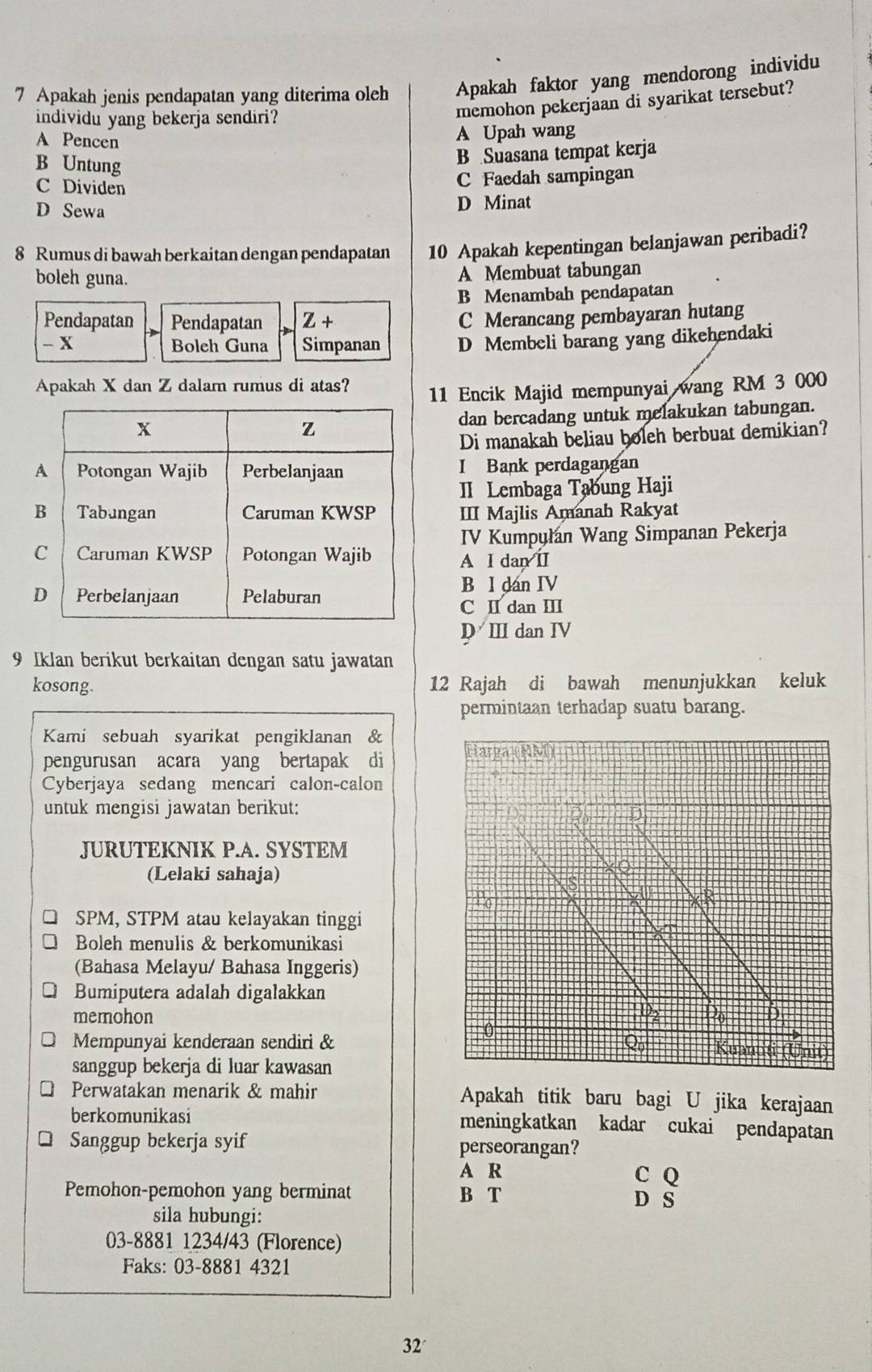 Apakah jenis pendapatan yang diterima oleh Apakah faktor yang mendorong individu
individu yang bekerja sendiri?
memohon pekerjaan di syarikat tersebut?
A Pencen A Upah wang
B Untung
B Suasana tempat kerja
C Dividen
C Faedah sampingan
D Sewa D Minat
8 Rumus di bawah berkaitan dengan pendapatan 10 Apakah kepentingan belanjawan peribadi?
boleh guna. A Membuat tabungan
B Menambah pendapatan
Pendapatan Pendapatan Z +
C Merancang pembayaran hutang
- x Boleh Guna Simpanan D Membeli barang yang dikehendaki
Apakah X dan Z dalam rumus di atas?
11 Encik Majid mempunyai wang RM 3 000
dan bercadang untuk melakukan tabungan.
Di manakah beliau boleh berbuat demikian?
I Bank perdagangan
II Lembaga Tabung Haji
III Majlis Amanah Rakyat
IV Kumpułan Wang Simpanan Pekerja
A I dan II
B l dan IV
C I dan Ⅲ
D III dan IV
9 Iklan berikut berkaitan dengan satu jawatan
kosong. 12 Rajah di bawah menunjukkan keluk
permintaan terhadap suatu barang.
Kami sebuah syarikat pengiklanan &
pengurusan acara yang bertapak di
Cyberjaya sedang mencari calon-calon
untuk mengisi jawatan berikut:
JURUTEKNIK P.A. SYSTEM
(Lelaki sahaja)
SPM, STPM atau kelayakan tinggi
Boleh menulis & berkomunikasi
(Bahasa Melayu/ Bahasa Inggeris)
Bumiputera adalah digalakkan
memohon 
Mempunyai kenderaan sendiri &
sanggup bekerja di luar kawasan
Perwatakan menarik & mahir Apakah titik baru bagi U jika kerajaan
berkomunikasi meningkatkan kadar cukai pendapatan
Sanggup bekerja syif perseorangan?
A R C Q
Pemohon-pemohon yang berminat B T D S
sila hubungi:
03-8881 1234/43 (Florence)
Faks: 03-8881 4321
32°