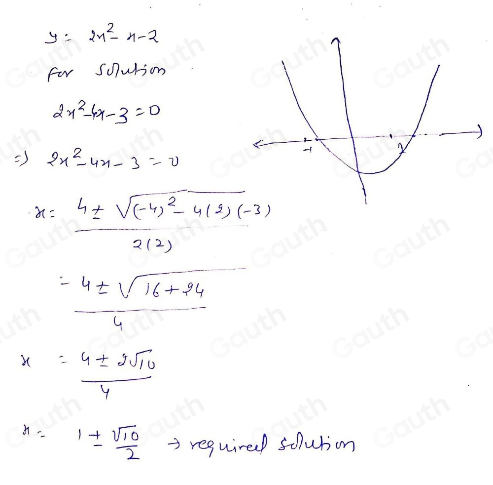 Solved: Shown below is y=2x^2-x-2 By drawing an appropriate straight ...