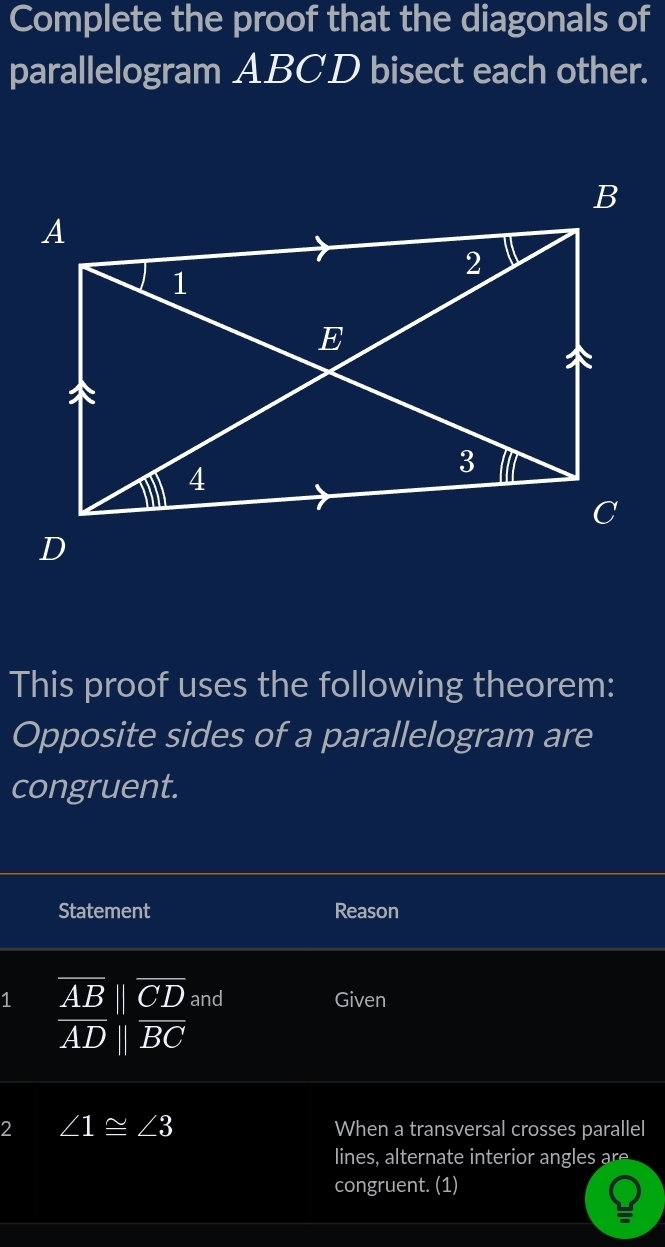 Complete the proof that the diagonals of 
parallelogram ABCD bisect each other. 
This proof uses the following theorem: 
Opposite sides of a parallelogram are 
congruent. 
Statement Reason 
1 overline ABparallel overline CD and Given
overline ADparallel overline BC
2 ∠ 1≌ ∠ 3 When a transversal crosses parallel 
lines, alternate interior angles are 
congruent. (1)