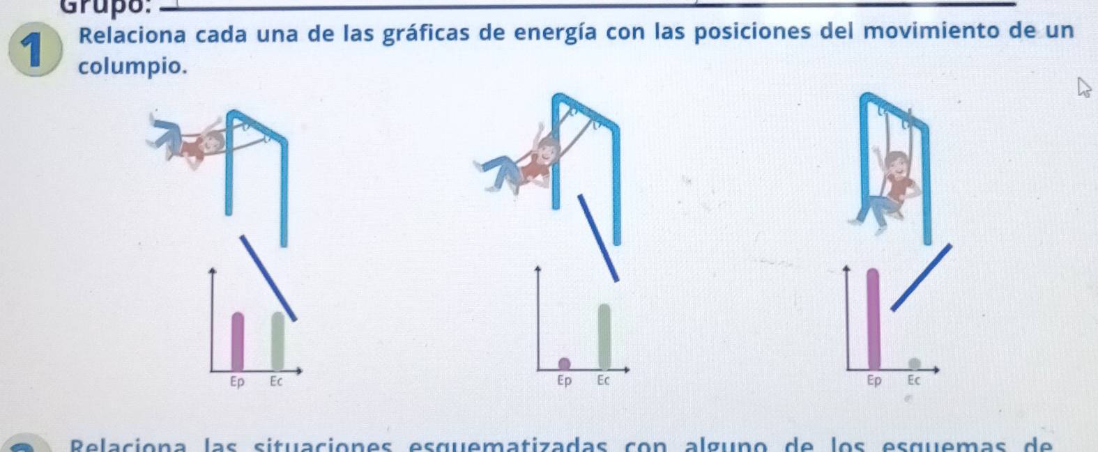 Grupo: 
Relaciona cada una de las gráficas de energía con las posiciones del movimiento de un 
1 columpio. 
Ep Ec Ep Ec Ep Ec 
Relaciona las situaciones esquematizadas con alguno de los esquemas de