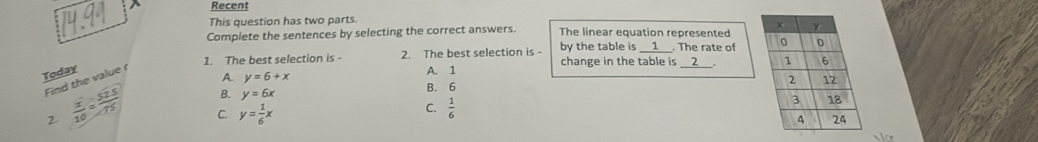 Recent
This question has two parts.
Complete the sentences by selecting the correct answers. The linear equation represented 
_. The rate of
1. The best selection is - 2. The best selection is - by the table is change in the table is 2. 
Today A. 1
Find the value r
A. y=6+x B. 6
B. y=6x
C.  1/6 
2  x/10 = (52.5)/75  C. y= 1/6 x