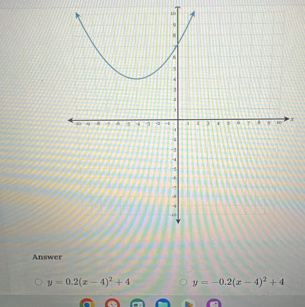 10
x
Answer
y=0.2(x-4)^2+4
y=-0.2(x-4)^2+4