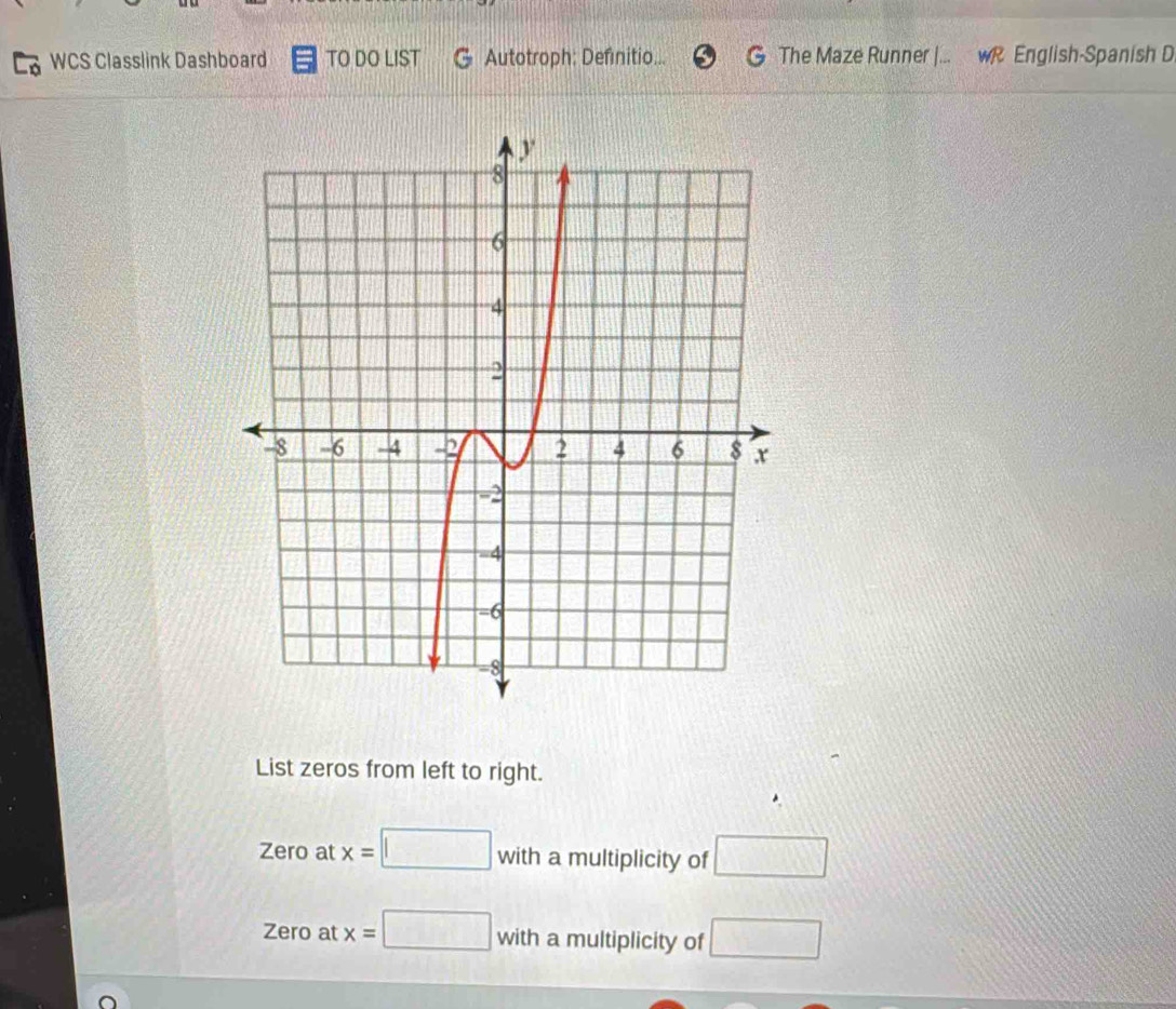 WCS Classlink Dashboard TO DO LIST Autotroph: Definitio... The Maze Runner |... wR English-Spanish D 
List zeros from left to right. 
Zero at x=□ with a multiplicity of □
Zero at x=□ with a multiplicity of □