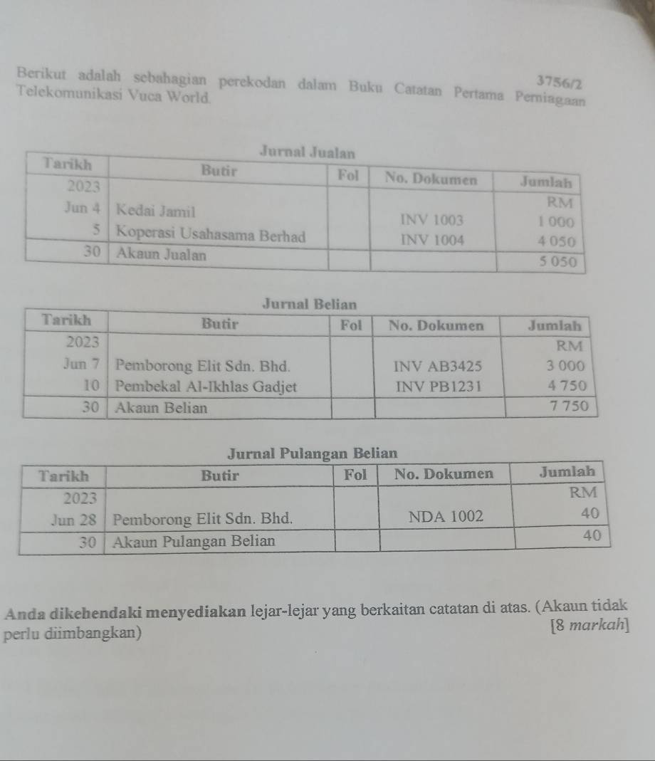 3756/2 
Berikut adalah sebahagian perekodan dalam Buku Catatan Pertama Perniagaan 
Telekomunikasi Vuca World. 
Anda dikehendaki menyediakan lejar-lejar yang berkaitan catatan di atas. (Akaun tidak 
perlu diimbangkan) [8 markah]