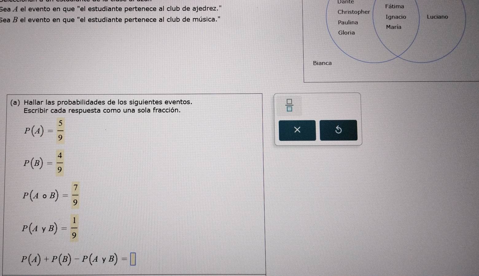 Dante 
Sea 4 el evento en que "el estudiante pertenece al club de ajedrez." Fátima 
Christopher 
Sea B el evento en que "el estudiante pertenece al club de música." Paulina Ignacio Luciano 
María 
Gloria 
Bianca 
(a) Hallar las probabilidades de los siguientes eventos. 
Escribir cada respuesta como una sola fracción.
 □ /□  
P(A)= 5/9 
×
P(B)= 4/9 
P(Acirc B)= 7/9 
P(AyB)= 1/9 
P(A)+P(B)-P(AyB)=□