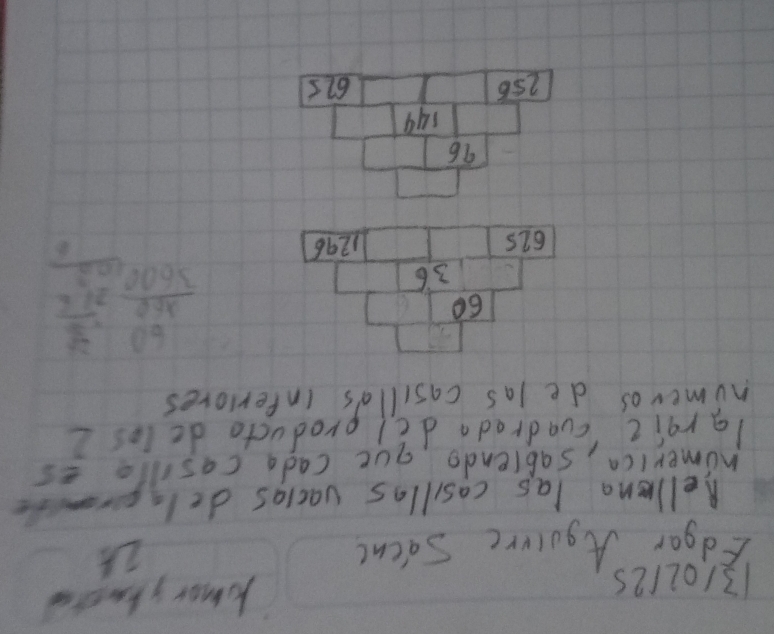 13/0212s
kmor yhoers
Edgar Aguture Sdcnc
2h
Rellena las casillas vaclas delacrme
nomerica, sablendo, que cada casille es
laraic cundreda del producto do los 2
numeros de las casillds inperiores
60
36
625 1296
beginarrayr 60 3600endarray 6000endarray  beginarrayr frac (31)^(12)21/2  103/6 endarray
96
149
256 625