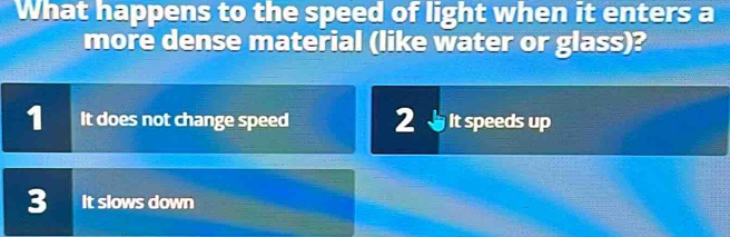 What happens to the speed of light when it enters a
more dense material (like water or glass)?
1 It does not change speed 2 It speeds up
3 It slows down