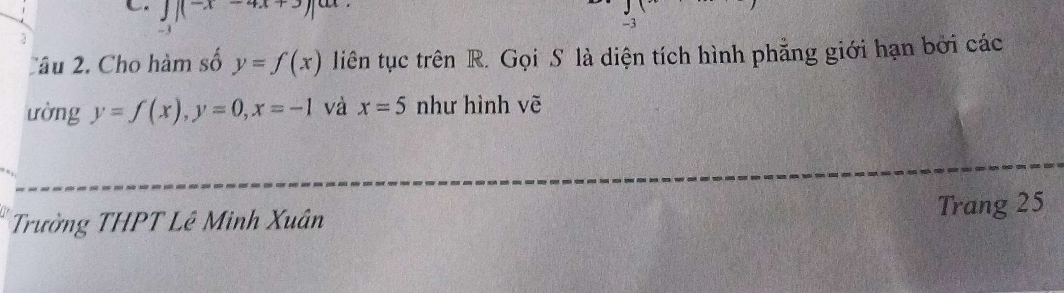 J|(-x-4x+3)|...
-3
3 
Câu 2. Cho hàm số y=f(x) liên tục trên R. Gọi S là diện tích hình phẳng giới hạn bởi các 
ường y=f(x), y=0, x=-1 và x=5 như hình vẽ 
Trường THPT Lê Minh Xuân Trang 25