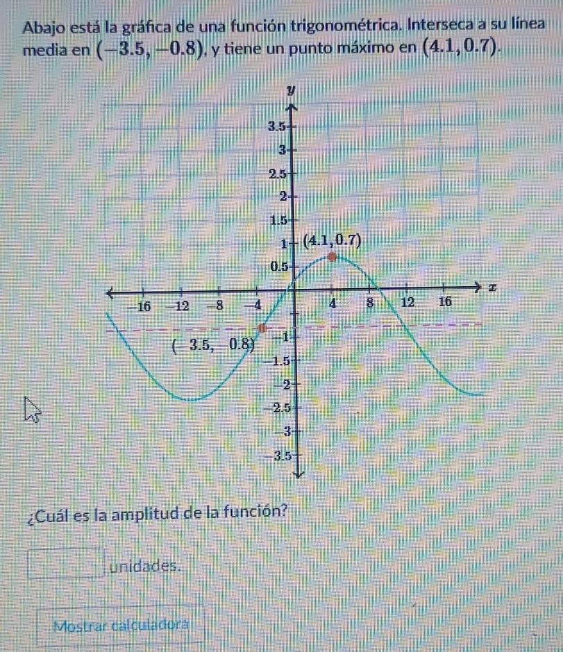 Abajo está la gráfica de una función trigonométrica. Interseca a su línea
media en (-3.5,-0.8) , y tiene un punto máximo en (4.1,0.7).
¿Cuál es la amplitud de la función?
□ unidades.
Mostrar calculadora