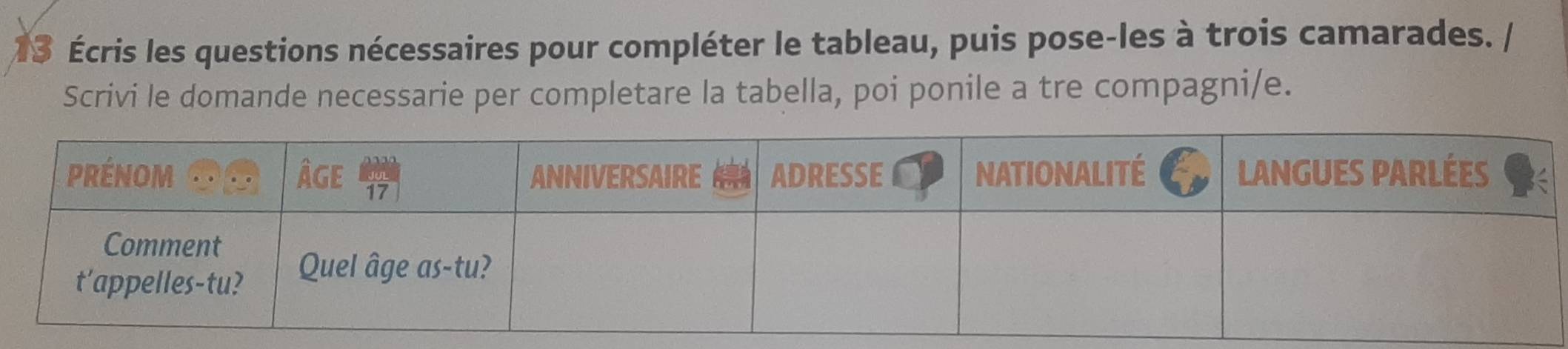 13 Écris les questions nécessaires pour compléter le tableau, puis pose-les à trois camarades. / 
Scrivi le domande necessarie per completare la tabella, poi ponile a tre compagni/e.