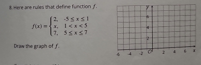 Here are rules that define function f.
f(x)=beginarrayl 2,-5≤ x≤ 1 x,1
Draw the graph of f.