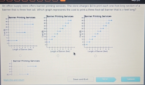 An office supply store offers banner printing services. The store charges $4 to print each one-foot -long section of a 
banner that is three feet tall. Which graph represents the cost to print a three-foot -tall banner that is x feet long? 
c Banner Printing Services
12
2
e 

, 
Length of Banner (feet) 
Banner Printing Services
48
36
7
Mark this and retum Save and Exit Submit