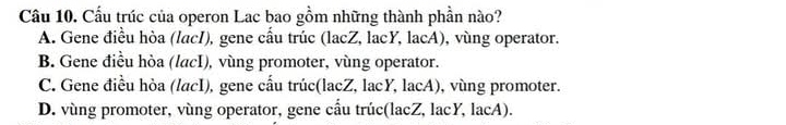 Cầu trúc của operon Lac bao gồm những thành phần nào?
A. Gene điều hòa (lacI), gene cấu trúc (lacZ, lacY, lacA), vùng operator.
B. Gene điều hòa (lacI), vùng promoter, vùng operator.
C. Gene điều hòa (lacI), gene cầu trúc(lacZ, lacY, lacA), vùng promoter.
D. vùng promoter, vùng operator, gene cầu trúc(lacZ, lacY, lacA).