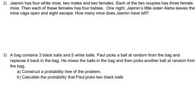 Jasmin has four white mice, two males and two females. Each of the two couples has three female 
mice. Then each of these females has four babies. One night, Jasmin's little sister Aisha leaves the 
mice cage open and eight escape. How many mice does Jasmin have left? 
3) A bag contains 3 black balls and 5 white balls. Paul picks a ball at random from the bag and 
replaces it back in the bag. He mixes the balls in the bag and then picks another ball at random from 
the bag. 
a) Construct a probability tree of the problem. 
b) Calculate the probability that Paul picks two black balls