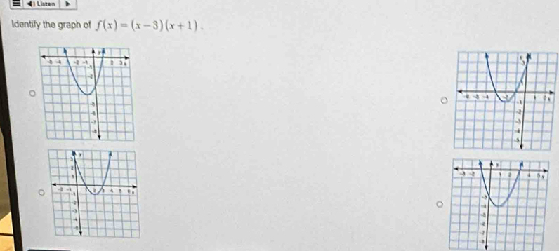 Listen 
Identify the graph of f(x)=(x-3)(x+1). 
。