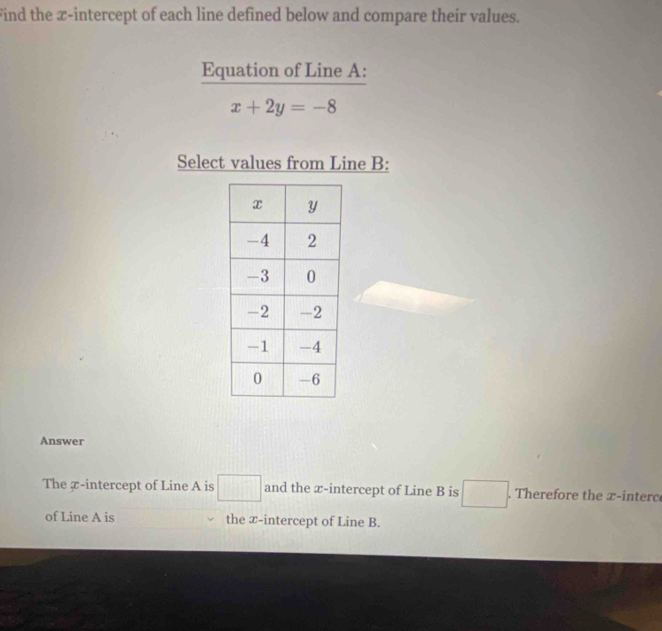 Find the x-intercept of each line defined below and compare their values. 
Equation of Line A :
x+2y=-8
Select values from Line B : 
Answer 
The æ-intercept of Line A is □ and the x-intercept of Line B is . Therefore the x -interc 
of Line A is the æ-intercept of Line B.