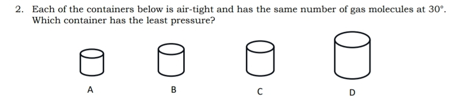 Each of the containers below is air-tight and has the same number of gas molecules at 30°. 
Which container has the least pressure?
A
B
C
D