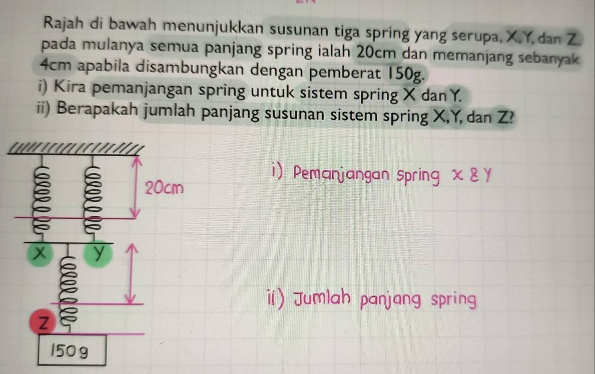 Rajah di bawah menunjukkan susunan tiga spring yang serupa, X, Y, dan Z. 
pada mulanya semua panjang spring ialah 20cm dan memanjang sebanyak
4cm apabila disambungkan dengan pemberat 150g. 
i) Kira pemanjangan spring untuk sistem spring X dan Y. 
ii) Berapakah jumlah panjang susunan sistem spring X, Y, dan Z? 

i) Pemanjangan spring Xvarepsilon Y
ⅱ) Jumlah panjang spring