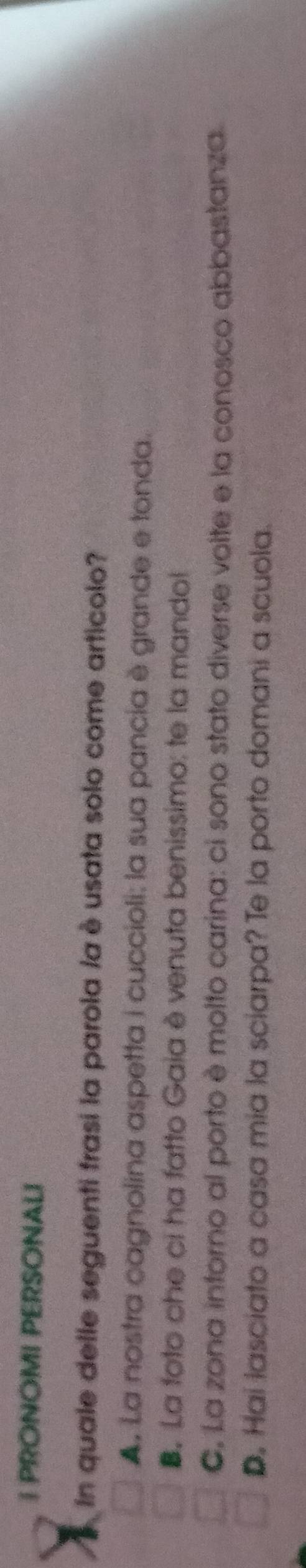 PRONOMI PERSONALI
In quale delle seguenti frasí la parola /a è usata solo come articolo?
A. La nostra cagnolina aspetta i cuccioli: la sua pancia è grande e tonda.
B. La foto che ci ha fatto Gaia è venuta benissimo: te la mandol
C. La zona intorno al porto è molto carina: ci sono stato diverse volte e la conosco abbastanza.
D. Hai lasciato a casa mia la sciarpa? Te la porto domani a scuola.