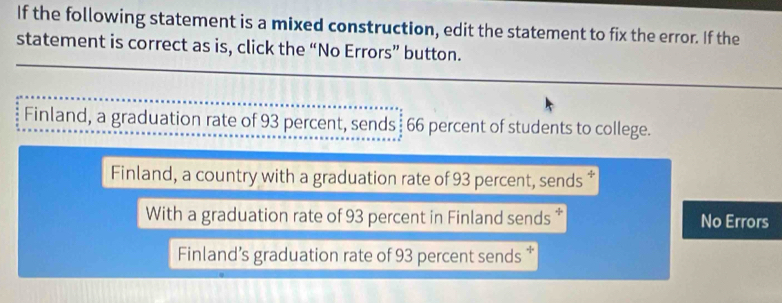 If the following statement is a mixed construction, edit the statement to fix the error. If the
statement is correct as is, click the “No Errors” button.
Finland, a graduation rate of 93 percent, sends 66 percent of students to college.
Finland, a country with a graduation rate of 93 percent, sends *
With a graduation rate of 93 percent in Finland sends * No Errors
Finland’s graduation rate of 93 percent sends *