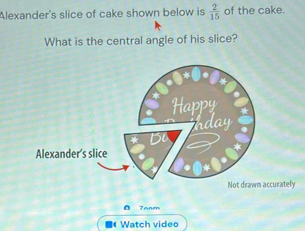 Solved: Alexander's slice of cake shown below is 2/15 of the cake. What ...