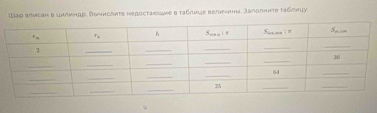 Шар влисан в цилиндр. Вычислите недостаюшие втаблице величины. Залолните таблицу
D