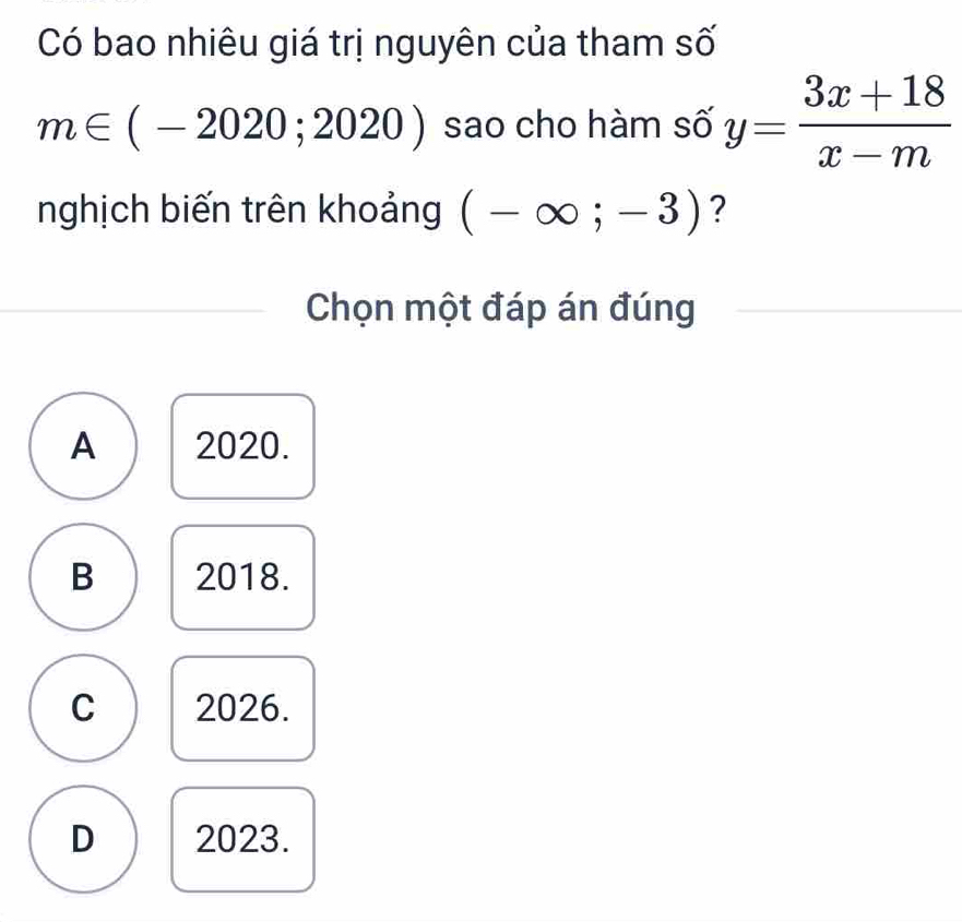 Solved: Có bao nhiêu giá trị nguyên của tham số m∈ (-2020;2020) sao cho ...