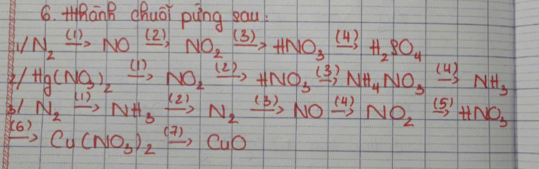 HhānB Chuóǐ pìng sau
I/N_2xrightarrow (1)NOxrightarrow (2)NO_2xrightarrow (3)HNO_3xrightarrow (4)H_2SO_4
(4
/Hg(NO_3)_2xrightarrow (1)NO_2xrightarrow (2)HNO_3xrightarrow (3)NH_4NO_3xrightarrow (4) NH_3
31 N_2xrightarrow (1)NH_3xrightarrow (2)N_2xrightarrow (3)NOxrightarrow (4)NO_2xrightarrow (5)HNO_3
(6) Cu(NO_3)_2xrightarrow (7)CuO