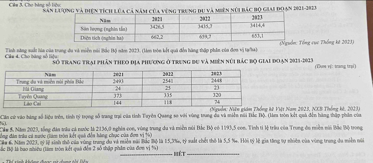 Cho bảng số liệu: 
sân lượng và diện tích lủa cả năm của vùng trung du và miên núi bác bọ giai đoạn 2021-2023 
ổng cục Thống kê 2023) 
Tính năng suất lúa của trung du và miền núi Bắc Bộ năm 2023. (làm tròn kết quả đến hàng thập phân của đơn vị tạ/ha) 
Câu 4. Cho bàng số liệu: 
SÓ tRANG TRẠI phâN THEO địA phươnG ở tRunG dU và miÈN núI bác bQ GIAI đOẠN 2021-2023 
(Đơn vị: trang trại) 
iệt Nam 2023, NXB Thống kê, 2023) 
Căn cứ vào bảng số liệu trên, tính tỷ trọng số trang trại của tỉnh Tuyên Quang so với vùng trung du và miền núi Bắc Bộ. (làm tròn kết quả đến hàng thập phân của
%). 
Cầu 5. Năm 2023, tổng đàn trâu cả nước là 2136,0 nghìn con, vùng trung du và miền núi Bắc Bộ có 1193,5 con. Tính tỉ lệ trâu của Trung du miền núi Bắc Bộ trong 
đồng đàn trâu cả nước (làm tròn kết quả đến hàng chục củạ đơn vị %) 
Cầu 6. Năm 2023, tỷ lệ sinh thô của vùng trung du và miền núi Bắc Bộ là 15, 3 ‰, tỷ suất chết thô là 5,5 ‰. Hỏi tỷ lệ gia tăng tự nhiên của vùng trung du miền nú 
Bắc Bộ là bao nhiêu (làm tròn kết quả đến 2 số thập phân của đơn vị %) 
_hét_ 
- Thí sinh không được sử dụng tài liêu